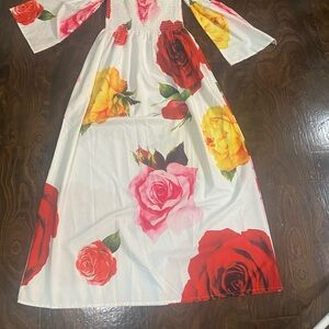 Floral Maxi Dress with Red and Yellow Roses